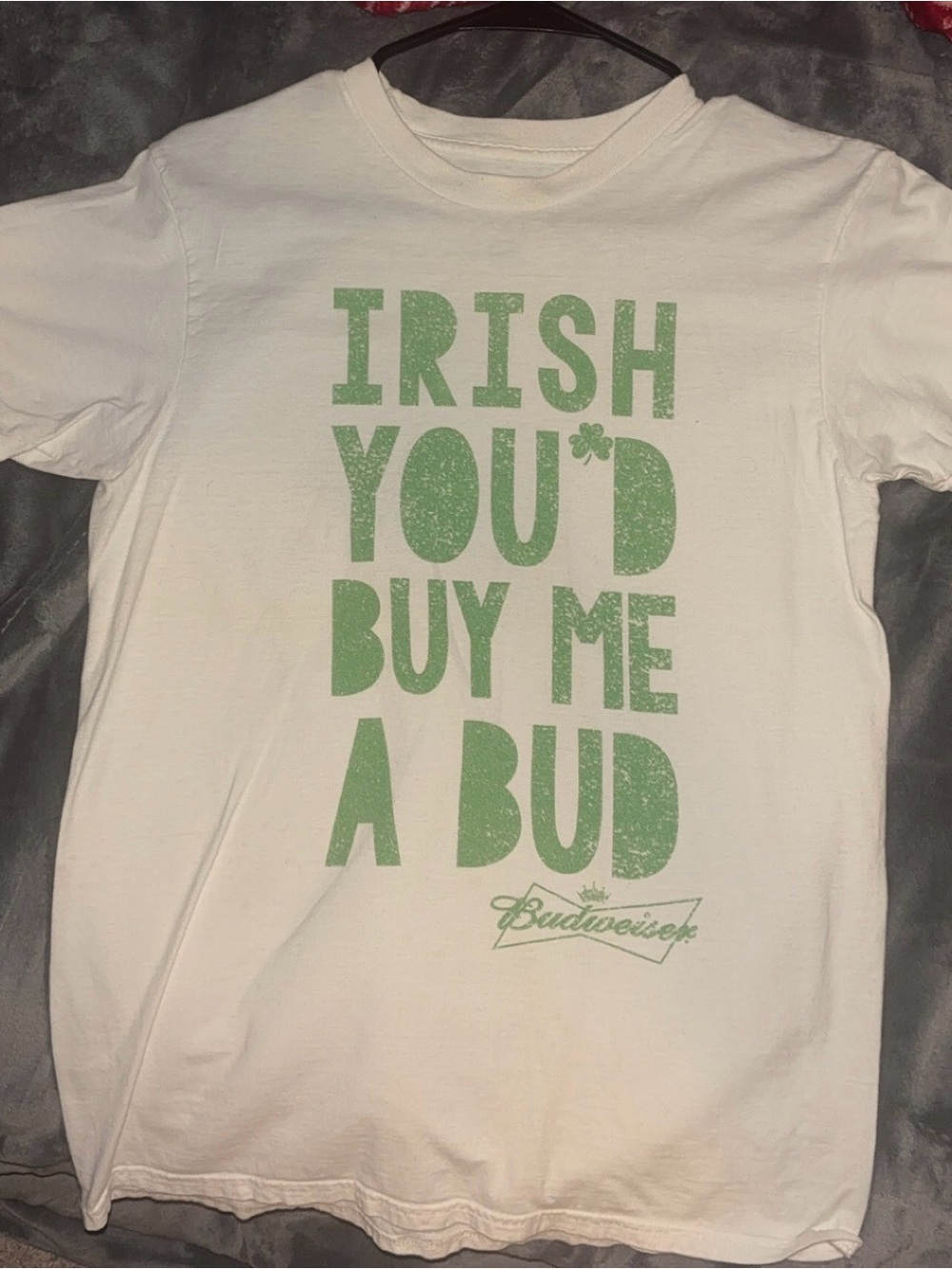 Budweiser White Tee with Green 'Irish You'd Buy Me A Bud' Graphic